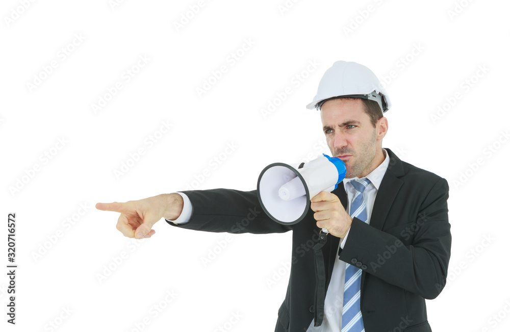Smart businessman in suit with safety helmet holding megaphone and pointing isolated on white background Smart businessman in suit with safety helmet holding megaphone and pointing isolated on white background