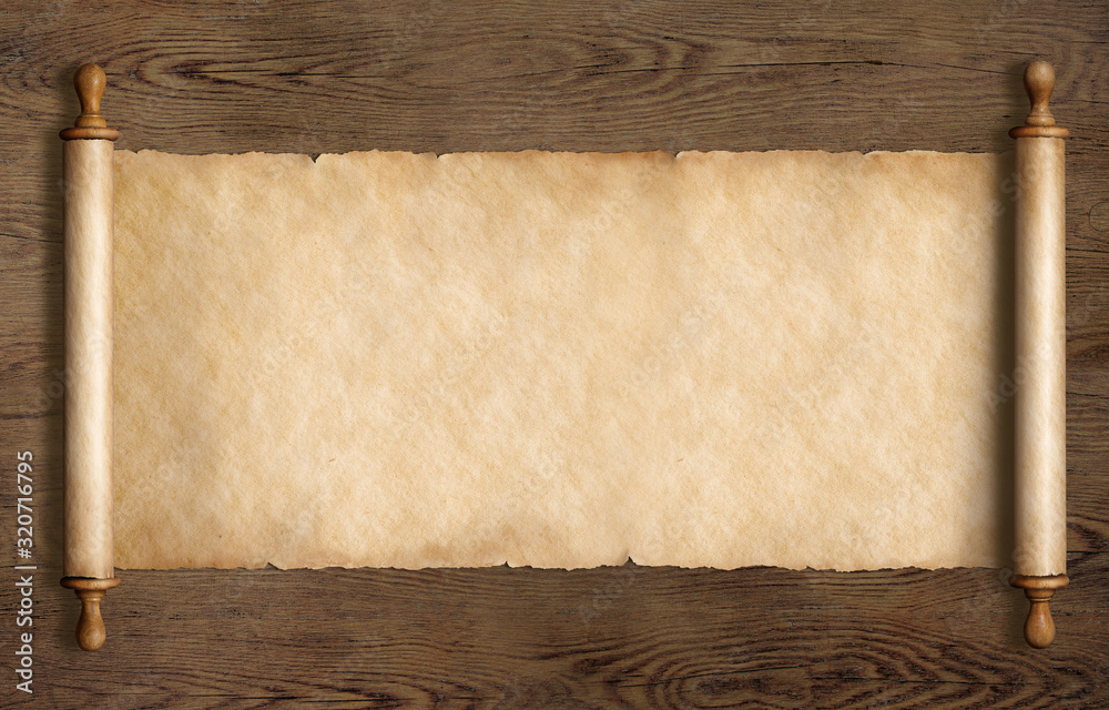 parchment scroll on wood table 3d illustration - obrazy, fototapety, plakaty 