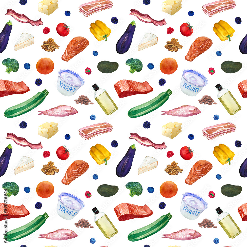 Seamless pattern with hand drawn different vegetables, meat, fish, cheese and nuts for the ketogenic diet or low carb diet.