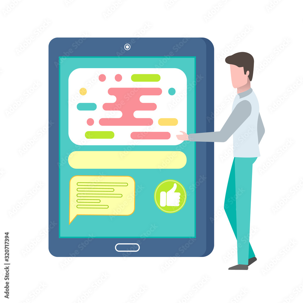 Man using smartphone vector, small male with big phone showing chatting boxes and social network pages with thumb up icon, flat style isolated person