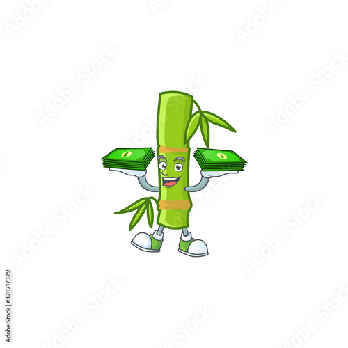 happy rich bamboo stick character with money on hands