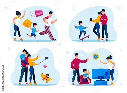 Family Relationships, Happy Parenthood Trendy Flat Vector Concepts Set. Parents with Children Fighting with Pillows, Fooling Around, Shooting Selfie Photos, Playing Video Games Isolated Illustrations