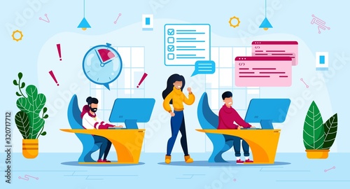 IT Company Time Management Trendy Flat Vector Concept. Employees, Office Workers Team, Software Developers Group in Panic Because of Project Deadline Miss, Lack of Time to Finish Work Illustration