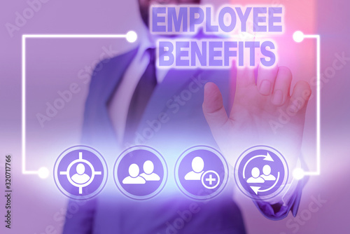 Writing note showing Employee Benefits. Business concept for indirect and noncash compensation paid to an employee photo