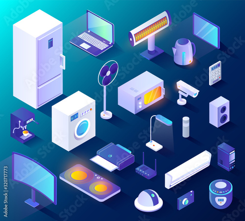 Set of appliances and equipments for smart home. Isolated collection of smart fridge and washing machine, home iot automation system. Camera and modern technologies innovation for house, 3d isometric
