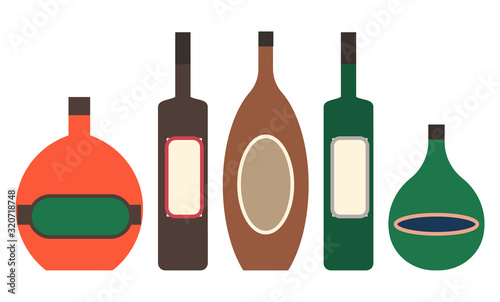 Collection of alcoholic drinks poured in bottles of different shapes and forms. Gin and tequila, rum and whiskey, menu of restaurant or cafe. Beverages set isolated icons of refreshment vector