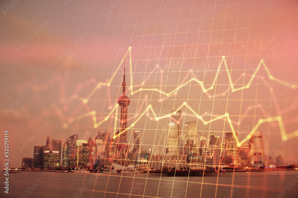 Forex chart on cityscape with tall buildings background multi exposure. Financial research concept. Forex chart on cityscape with tall buildings background multi exposure. Financial research concept.