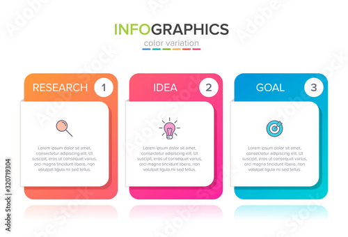 Concept of arrow business model with 3 successive steps. Three colorful graphic elements. Timeline design for brochure, presentation. Infographic design layout.