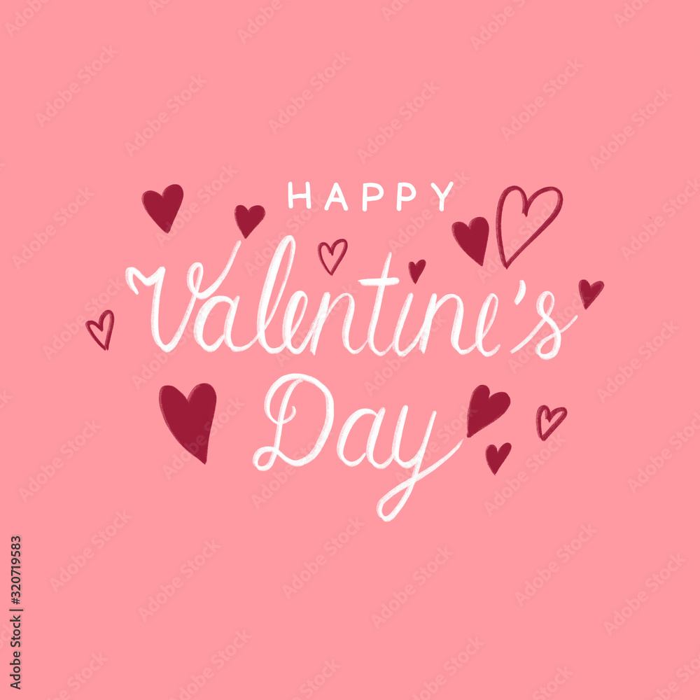 Happy valentine’s day illustration greeting card banner, White Valentine hand lettering, calligraphy style and red heart shape on pink watercolor background, love sign