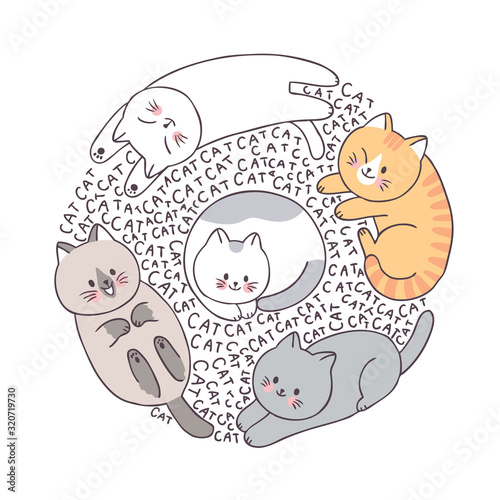 Cartoon cute face cats vector. Doodle circle frame.