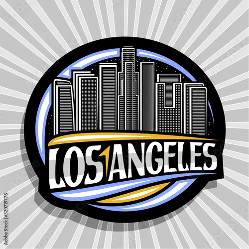 Vector logo for Los Angeles, dark decorative round stamp with draw illustration of contemporary cityscape on dusk sky background, tourist fridge magnet with creative brush letters for word los angeles