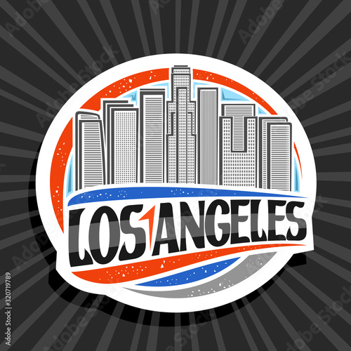 Vector logo for Los Angeles, white decorative round tag with line illustration of contemporary cityscape on sky background, tourist fridge magnet with creative brush letters for black text los angeles