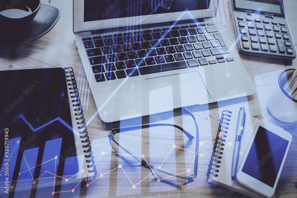 Stock market graph and table with computer background. Multi exposure. Concept of financial analysis. Stock market graph and table with computer background. Multi exposure. Concept of financial analysis.