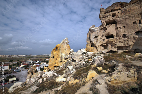 Chavushin, Turkey - 09/17/2009: Chavushin fortress carved in the rocks of Cappadocia.