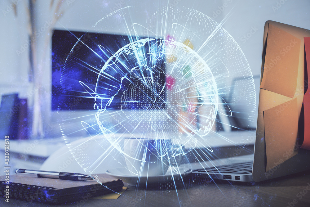 Multi exposure of business theme icons and work space with computer background. Concept of success.