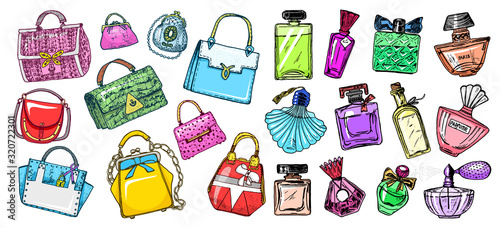 Set of women's accessories. Bags and Perfumes. Sticker Girl Collection. Hand drawn engraved vintage retro sketch, items in doodle style. Patch for notebooks and cards, fashion posters, flat lay, web.