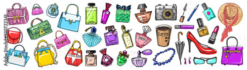 Set of women's accessories. Bags and Perfumes, shoes and coffee. Sticker Girl Collection. Hand drawn engraved vintage sketch, items in doodle style. Patch for notebooks or posters, flat lay, web.