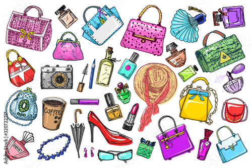 Set of Sticker accessories for girls. Bags and Perfumes, shoes and coffee. Women Collection. Hand drawn engraved vintage sketch, items in doodle style. Patch for notebooks or posters, flat lay, web.