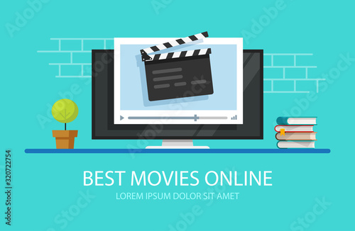 Tv video player with film slate clapper board or television online cinema multimedia vector flat cartoon banner, movie watching or streaming on computer monitor screen, cinematography modern image