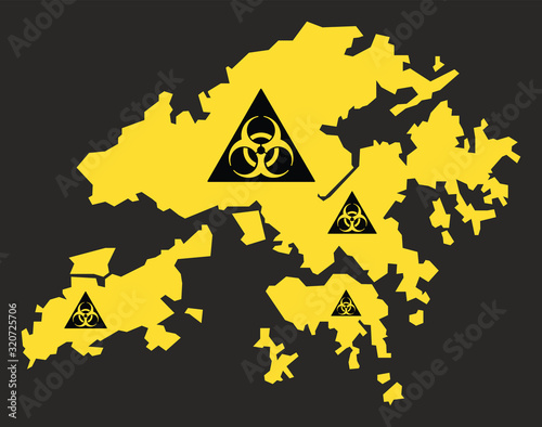 HongKong map with biohazard virus sign illustration in black and yellow