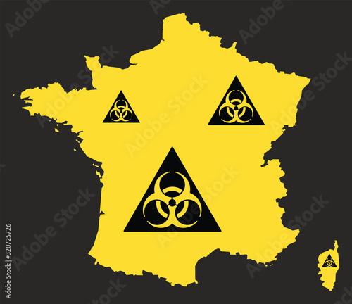 France map with biohazard virus sign illustration in black and yellow