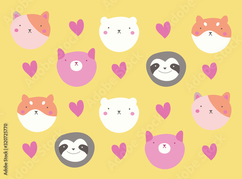 cute kawaii postcard with little animals heads