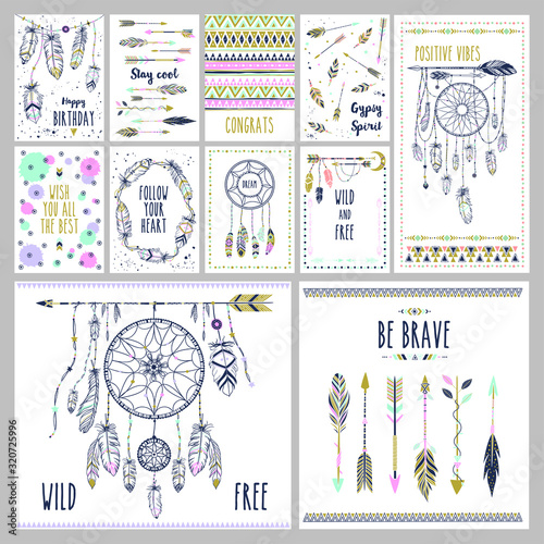 Card template collection for banners, flyers, posters with feathers, arrow and dream catchers in boho style