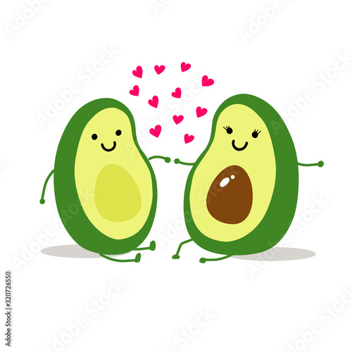 Cute cartoon avocado couple holding hands, Valentine's day greeting card. Avocado love with hearts vector illustration.