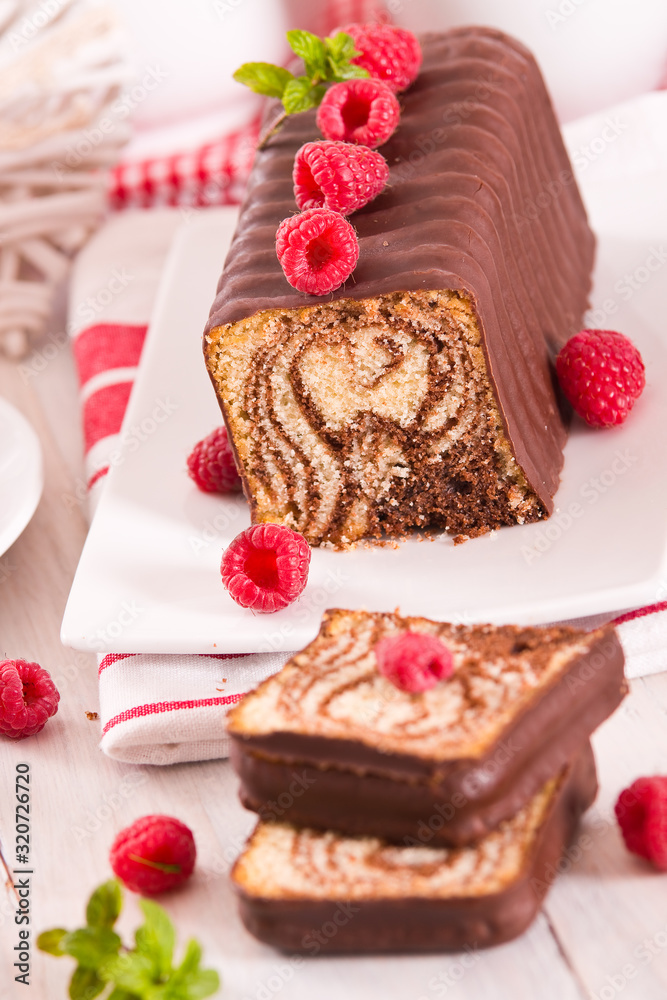 Marble cake with raspberries. Marble cake with raspberries.