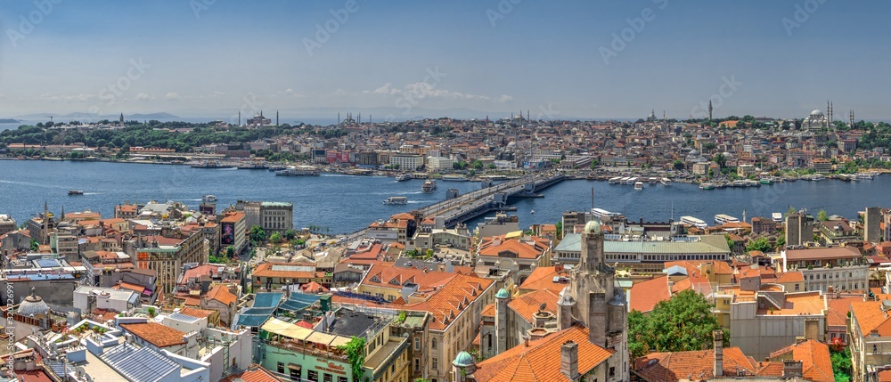 Top panoramic view of Galata bridge in Istambul, Turkey