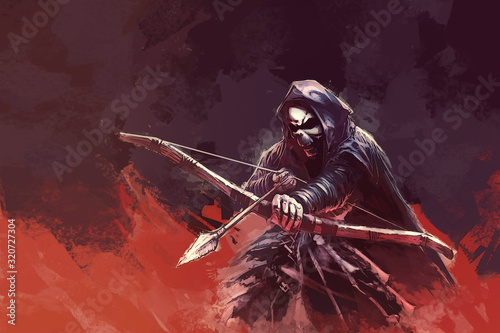 a skeleton (grim reaper) in a hood with a bow and an arrow - color painting