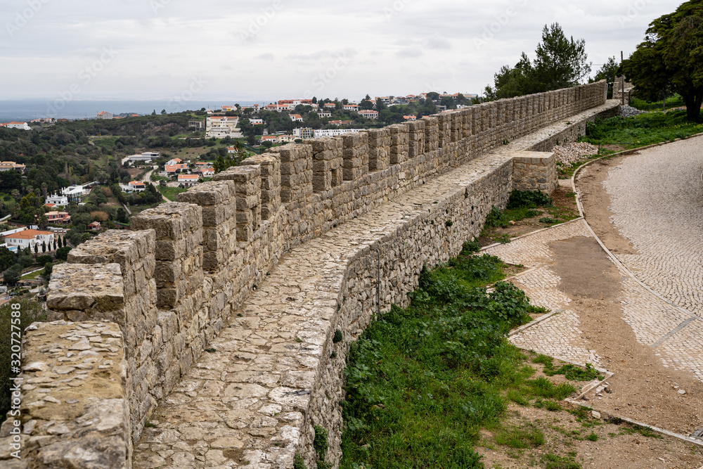 Defensive walls on the Sesimbra Castle in Portugal, overlooking the city
