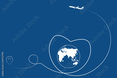 Global logistics network. Airplane route in heart shape. Romantic travel concept. Blue background with start point,  globe, heart, airplane and  line trace. Vector illustration EPS10.
