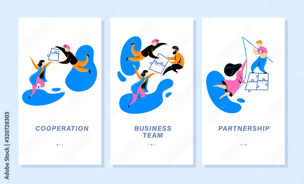 Mobile app page design template. Business team, cooperation, consulting, partnership and collaboration concept. People put puzzle pieces together. UI, landing page. Vector flat abstract illustration. Mobile app page design template. Business team, cooperation, consulting, partnership and collaboration concept. People put puzzle pieces together. UI, landing page. Vector flat abstract illustration.