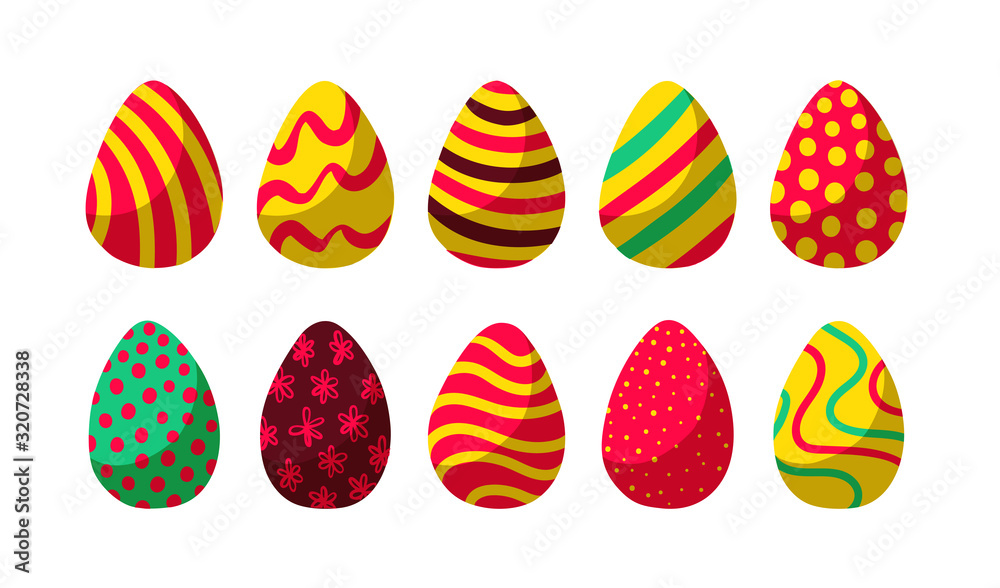 Collection of flat colorful ornamental decorated Easter eggs isolated on white background. For party holiday cards, advertisement, banners, posters, gift tags etc. Vector illustration.