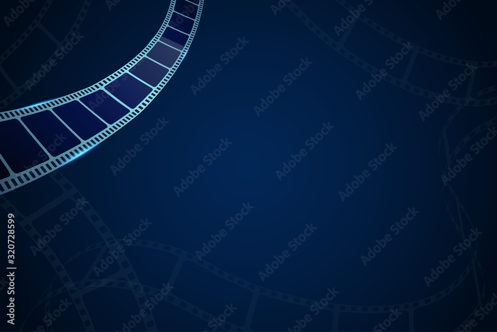 Modern cinema background with realistic film strips. Movie production with blank negative film frames for your element design or text. 3d movie template for cinema festival. Cinematography concept.