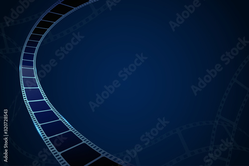 Realistic 3d film strip in perspective isolated on blue backdrop. 3D cinema background for film festival, ticket, banner, flyer. Design film frame with place for text. Template cinematography concept.