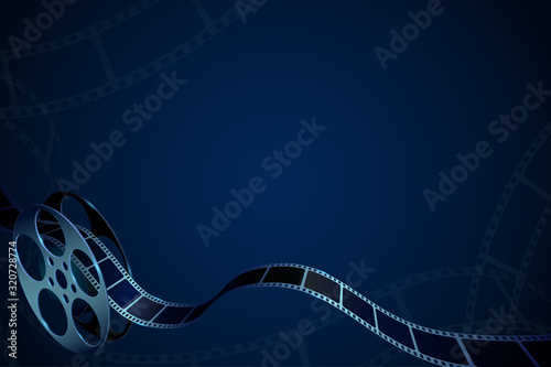 Film reel with film strips isolated on blue background. Cinema background with place for your text. 3d movie art template for cinema festival, ticket, advertising, brochure. Concept of film industry.