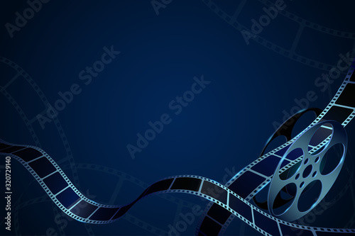Film reel with film strips in waveform. Modern cinema background. Design template can be used for advertising, backdrop, brochure, ticket, publication, poster. Cinematography concept of film industry.