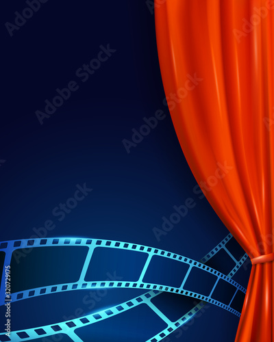 Cinema movie background with red curtains and film strip on theater stage closeup. Open curtains as template movie presentation, advertising or cinema award announcement with space for text.Vector EPS