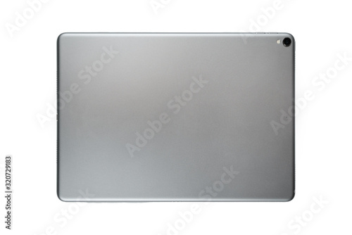 Brand new tablet isolated on white background, home button detail