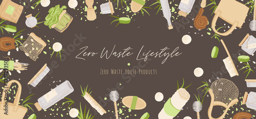 Zero Waste Vector Concept illustration in Minimalism Style, with Reusable and Recycle Zero Waste products about Kitchen, house hold and house keeping theme