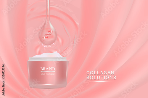 Beauty product ad design, Pink cosmetic container with collagen solution advertising background ready to use, luxury skin care banner, illustration vector.	