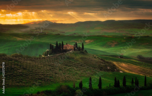 Impressive spring landscape view with cypresses and vineyards  Tuscany Italy