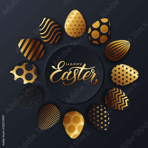 Gold eggs, Happy easter. Background of golden and black egg with dot patterns, spiral and lines pattern on a dark background for design cards, posters, invitations for Easter.