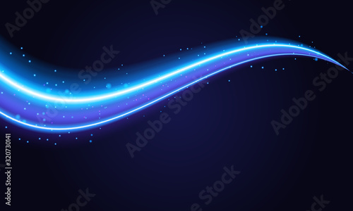 Blue swoosh neon wave over dark background. Shimmering waves with light effect and star dust trail. Blue swoosh design for web and print.