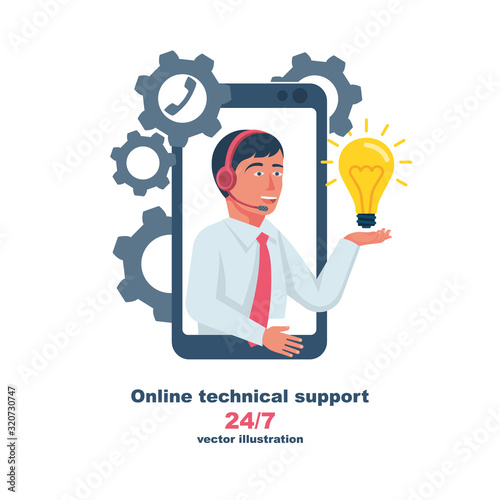 Online technical support. Customer support. Call center operator finds a solution to the problem. Holds the idea in hand. Abstract vector illustration of flat design. Customer assistance 24 7