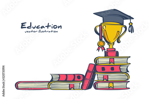 Education ladder concept. Top of the piles of books. Cup with an academic cap and a medal on top. Achievement goals in learning and success. Stairs knowledge.