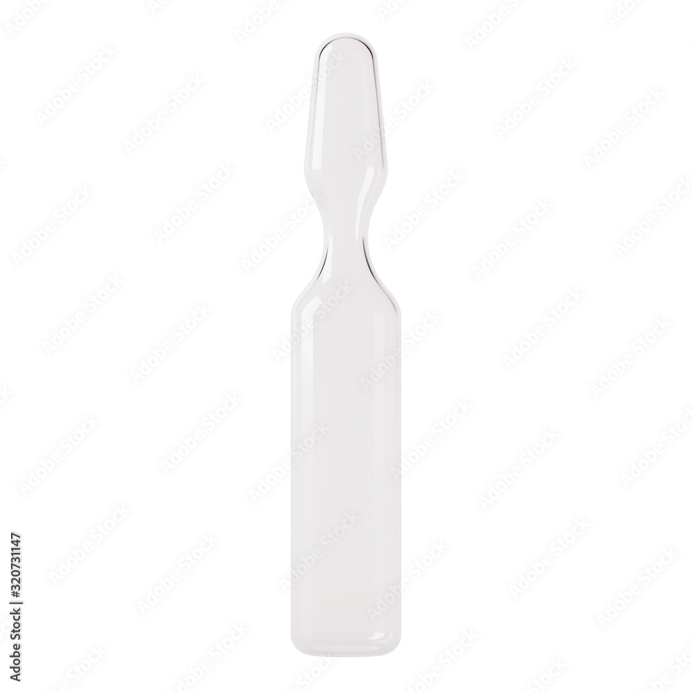 Transparent glass ampoule. Ampoule with medicine on a white background. 3D rendering. Transparent glass ampoule. Ampoule with medicine on a white background. 3D rendering.