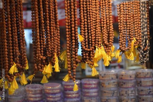 Rudraksha Garlands for sale at a shop in maihar, madhya pradesh, India photo